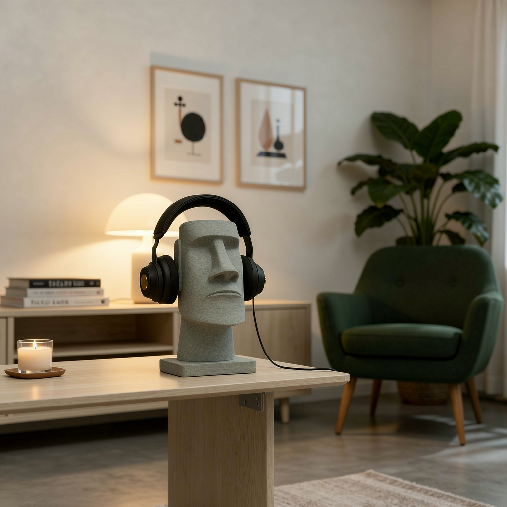 Moai head headphone stand desk decor close up in lamplight