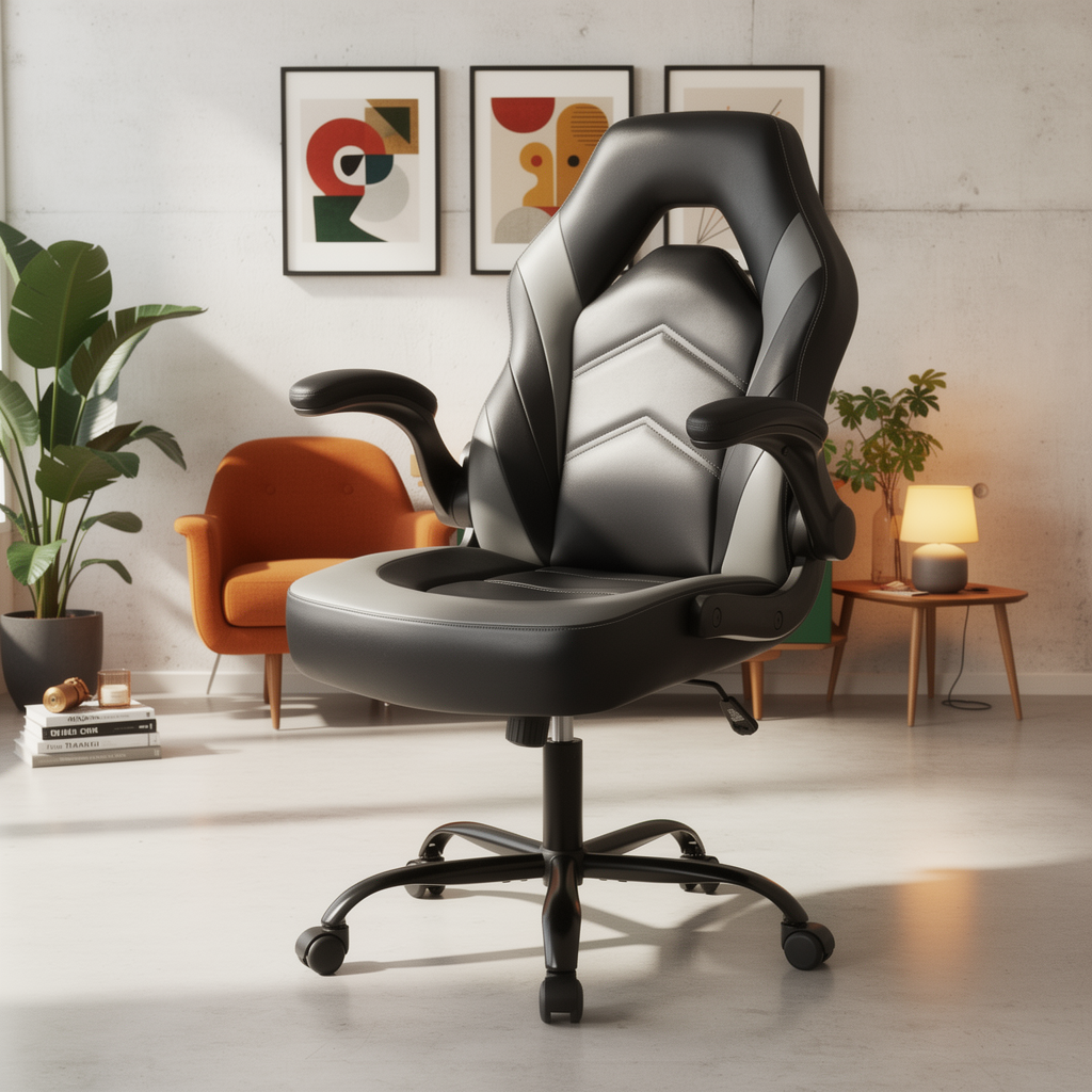 Big and tall leather gaming chair in a styled home office