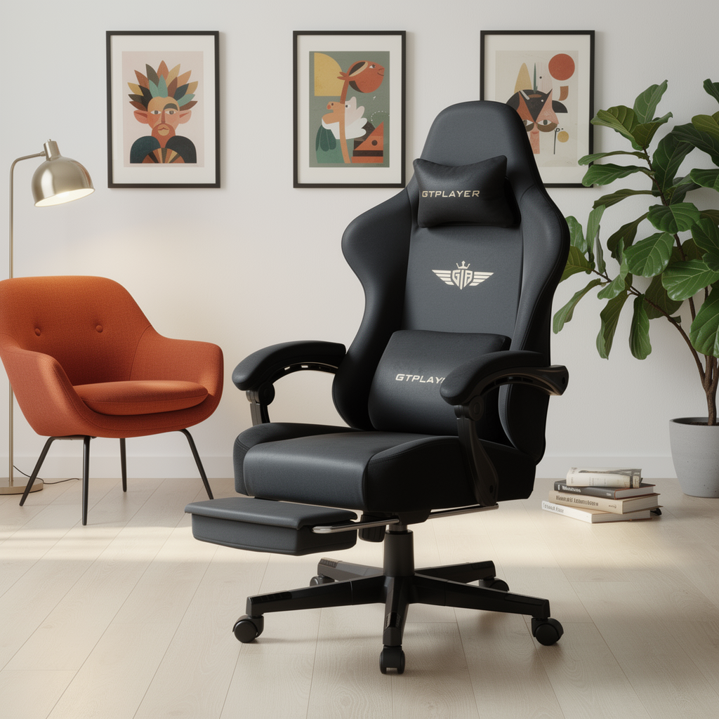 GTPLAYER fabric gaming chair in a styled apartment room