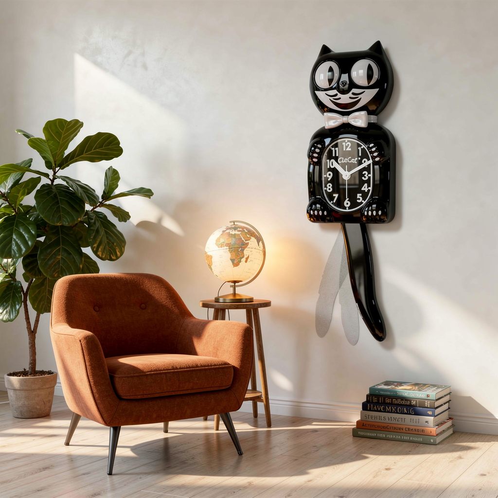 Cat Wall Clock Cartoon Creative Swing Tail Quartz Hanging Clock on a styled wall
