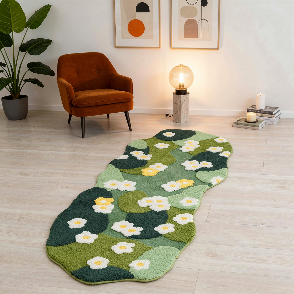 Nordic 3D Lawn Moss Rug Fluffy Green Forest Irregular Floor Mat in a styled room