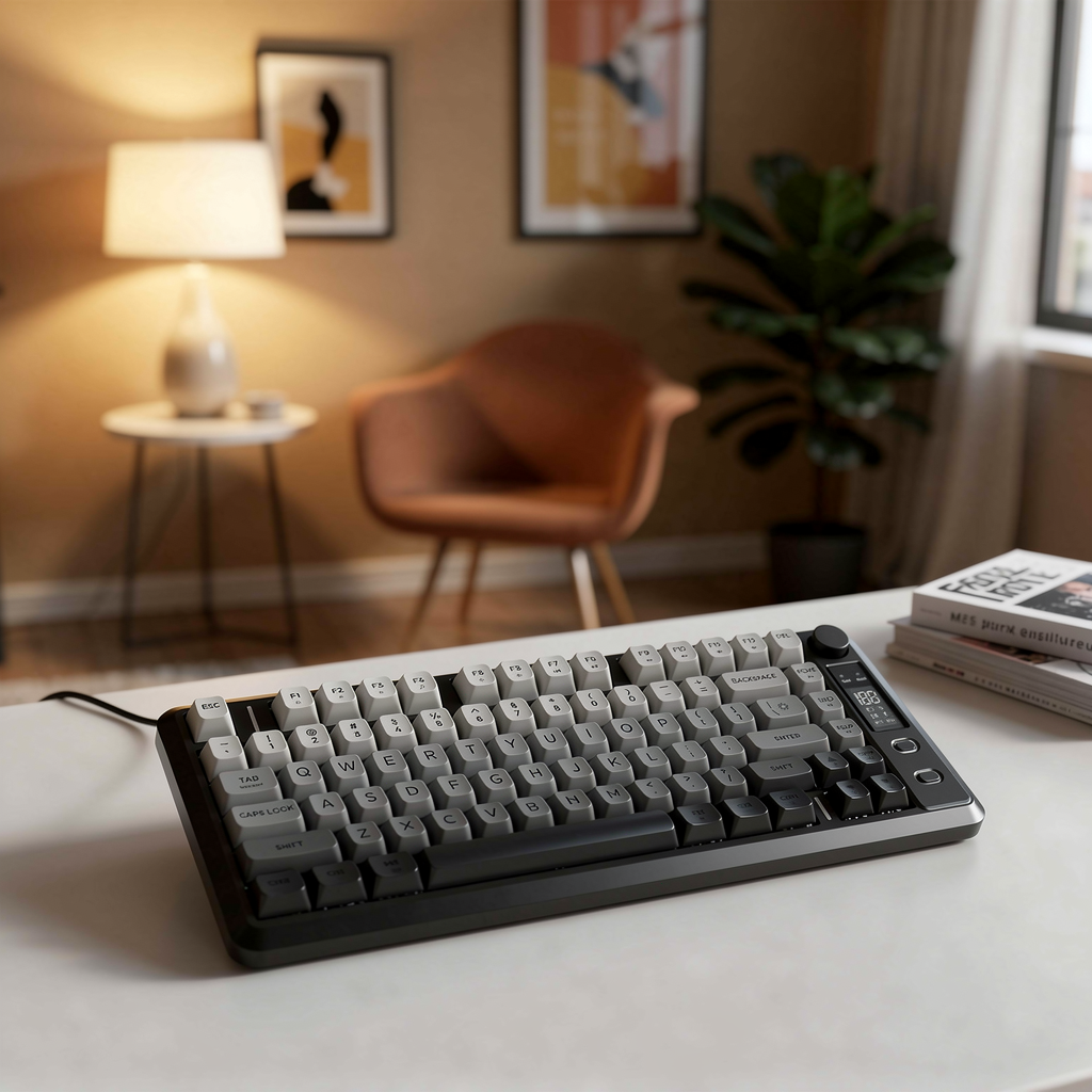 Attack Shark M75 Wireless Gaming Keyboard close-up in warm evening lamplight