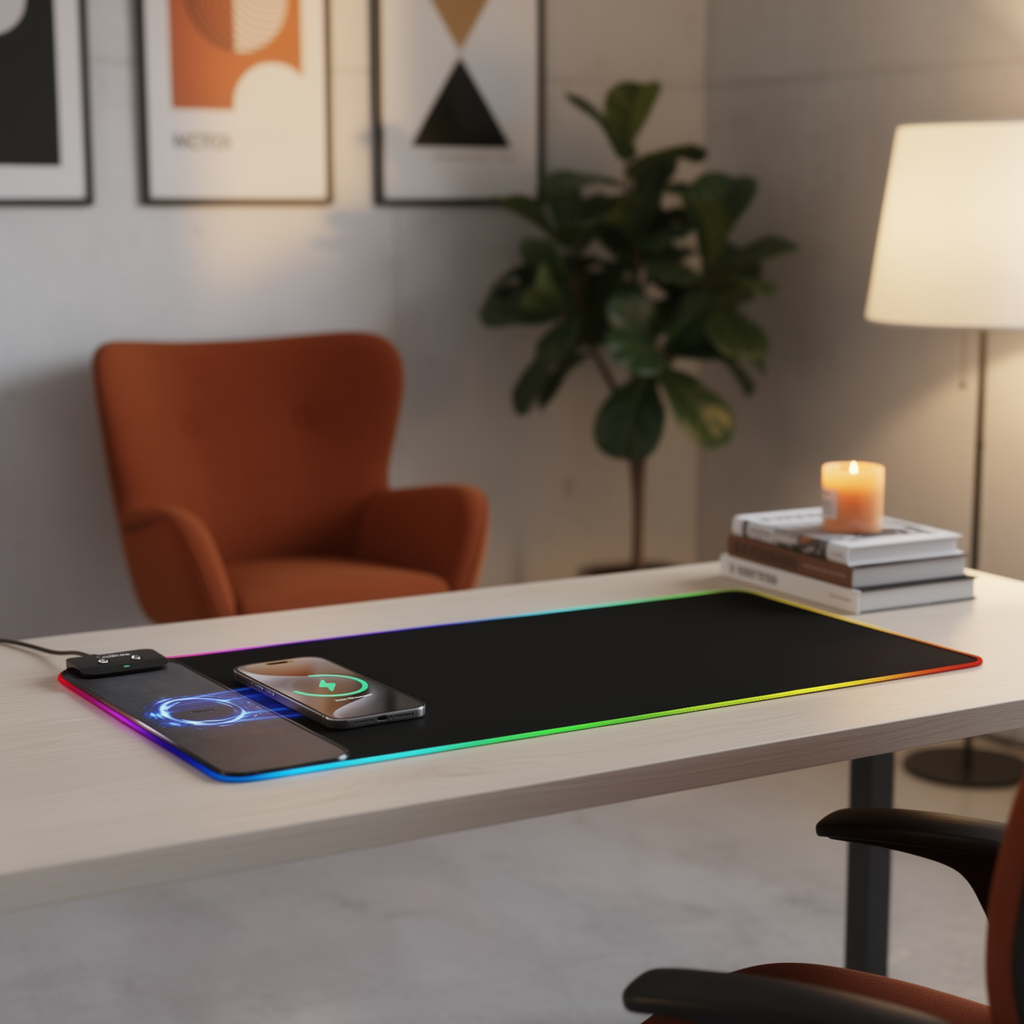 Wireless Charging RGB Gaming Mouse Pad close-up in warm lamplight