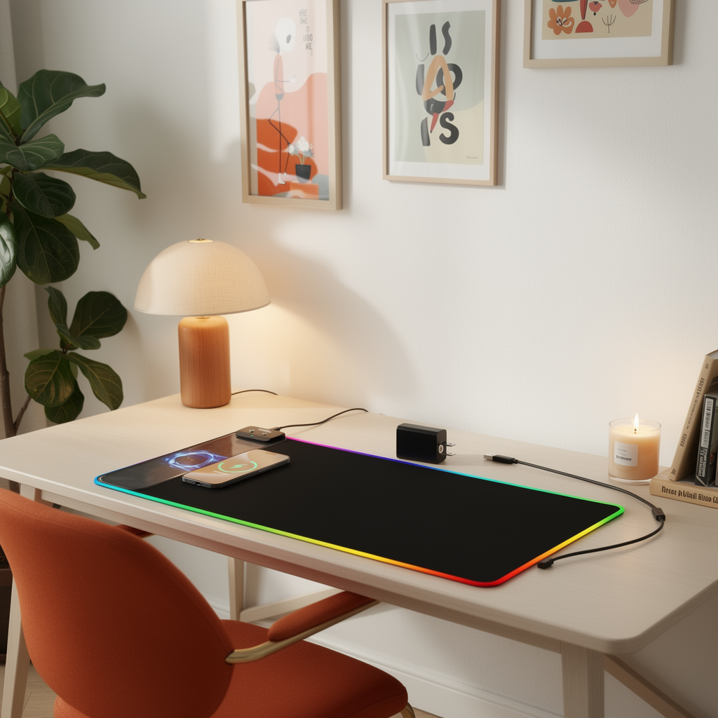 Wireless Charging RGB Gaming Mouse Pad Large Desk Mat LED in a styled room