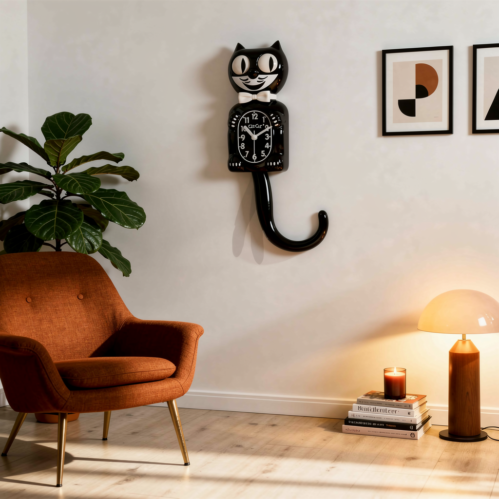 Cat Wall Clock close-up in warm evening lamplight
