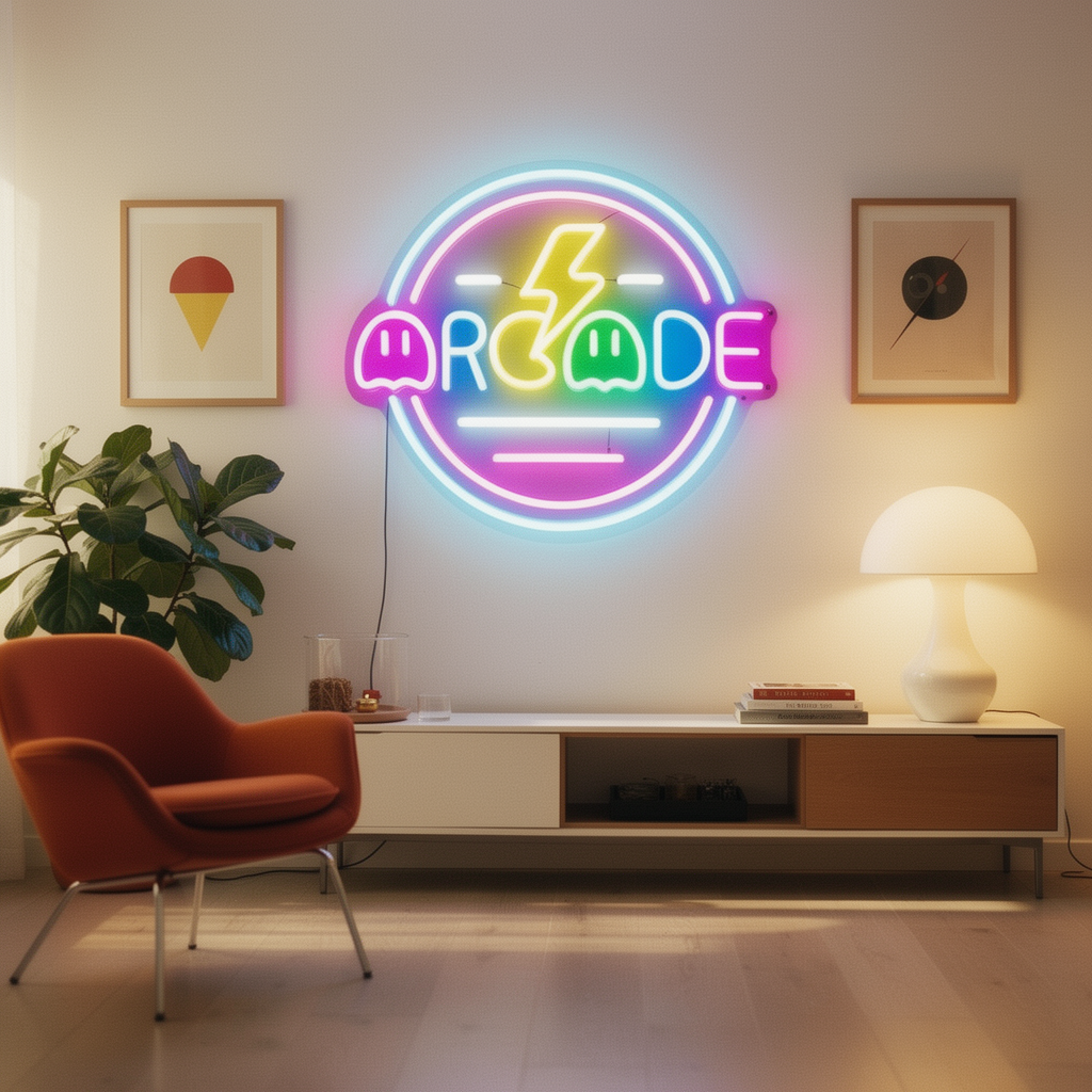 Dimmable USB Game Neon Sign Wall Light close-up in warm evening lamplight
