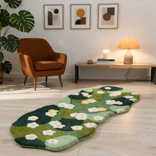 Nordic 3D Lawn Moss Rug close-up in warm evening lamplight