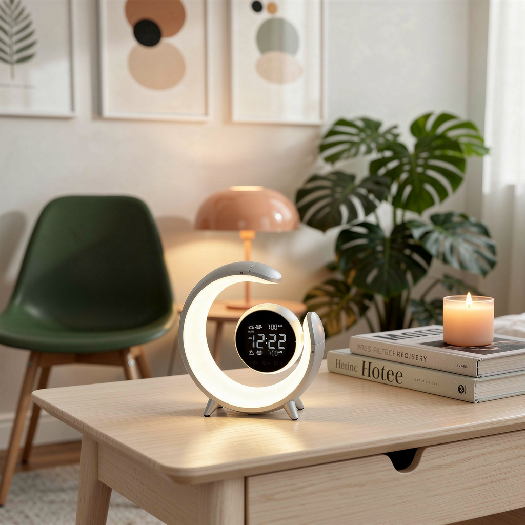 Intelligent Table Lamp Bedside Night Light with 360 Immersive Sound in a styled room