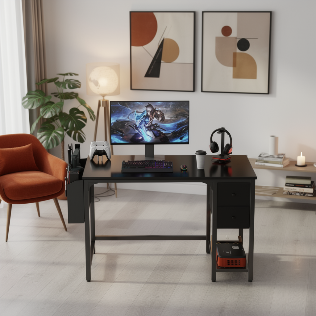 40 Inch Reversible Gaming Desk close-up in warm evening lamplight