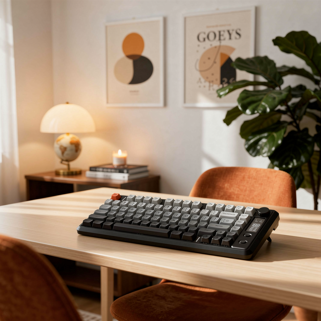 Attack Shark M75 Wireless Gaming Keyboard with knob and OLED display on a styled desk