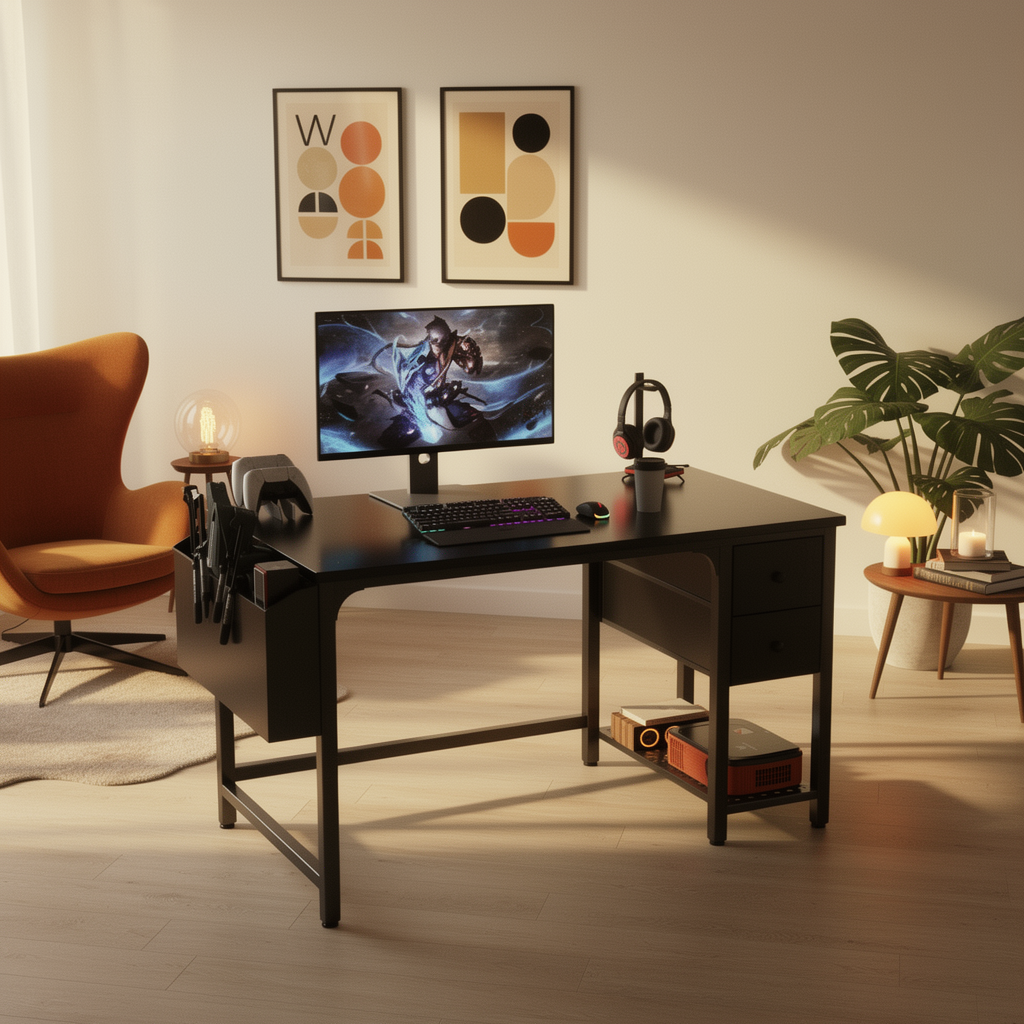 40 Inch Reversible Gaming Desk with fabric drawers in a small styled space