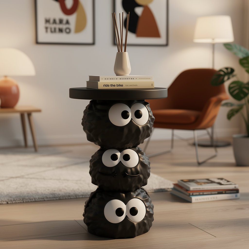 Creative Cartoon Coal Ball Coffee Table Sculpture close-up in warm evening lamplight