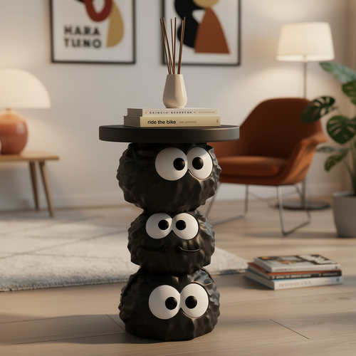 Creative Cartoon Coal Ball Coffee Table Sculpture close-up in warm evening lamplight
