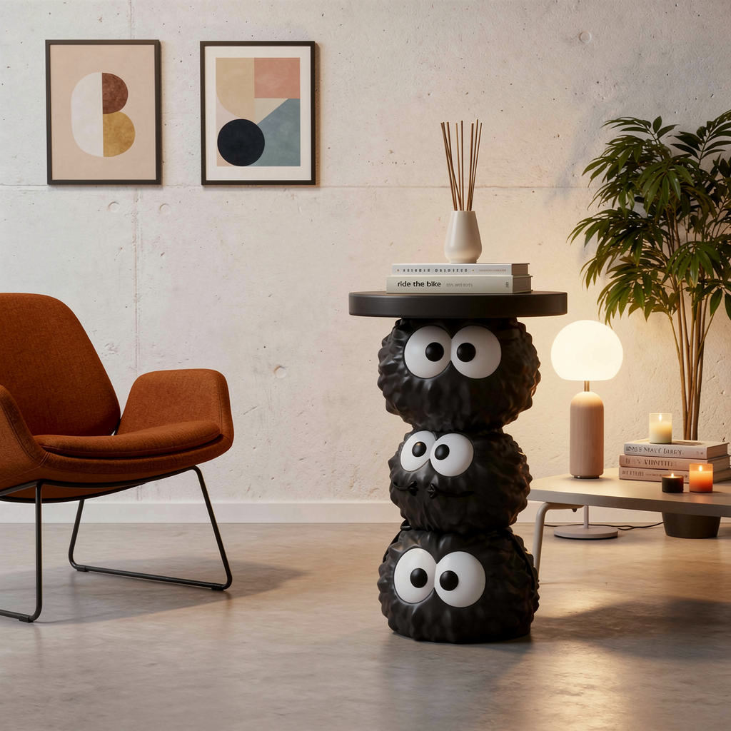 Creative Cartoon Coal Ball Coffee Table Sculpture in resin in a styled room
