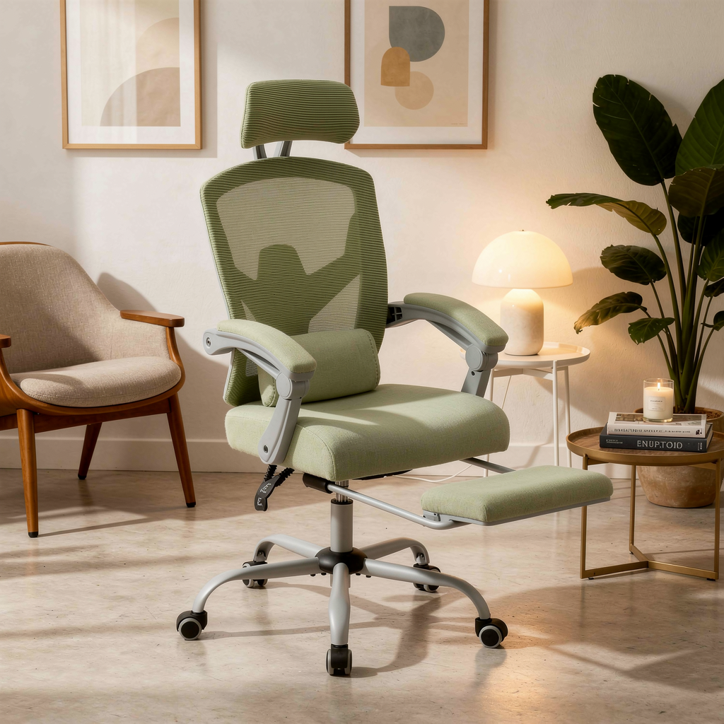 JHK Ergonomic Reclining Mesh Gaming Chair close-up in warm evening lamplight