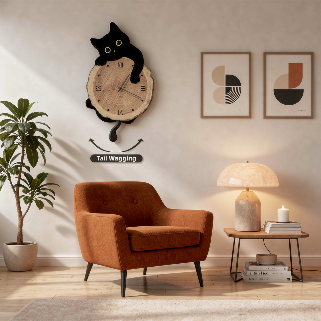 Cartoon Cat Wall Clock with swinging tail on a styled apartment wall