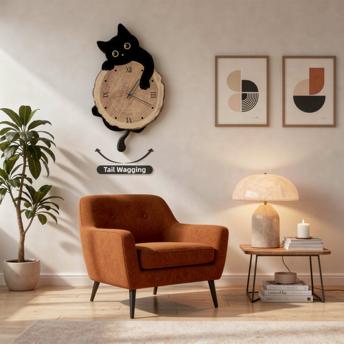 Cartoon Cat Wall Clock with swinging tail on a styled apartment wall