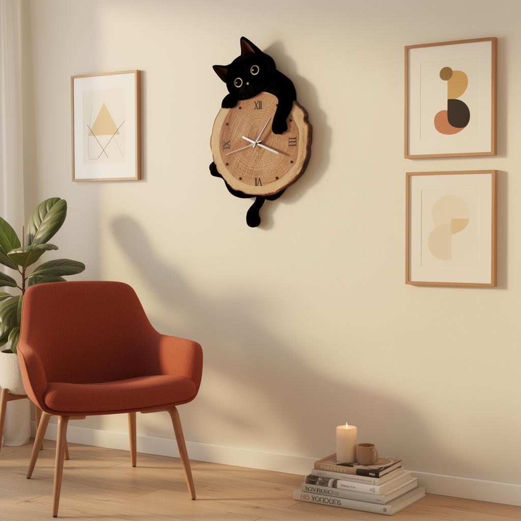 Cartoon Cat Wall Clock close-up in warm evening lamplight