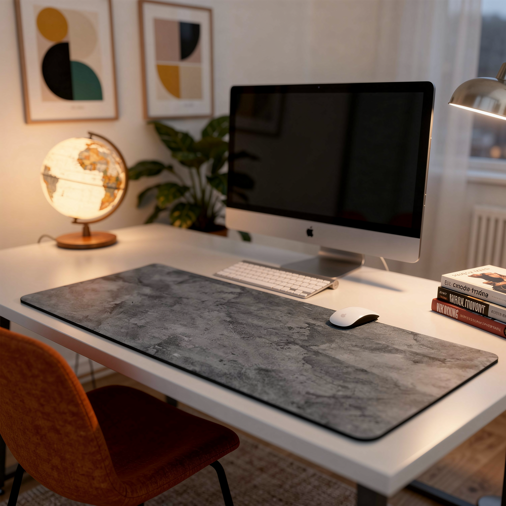 Gray Mouse Pad Large Overlocked XXL Desk Mat close-up in warm lamplight