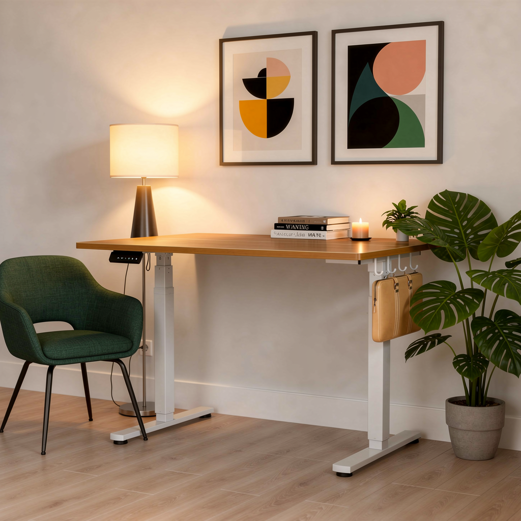 MCQ Electric Standing Desk close-up in warm evening lamplight