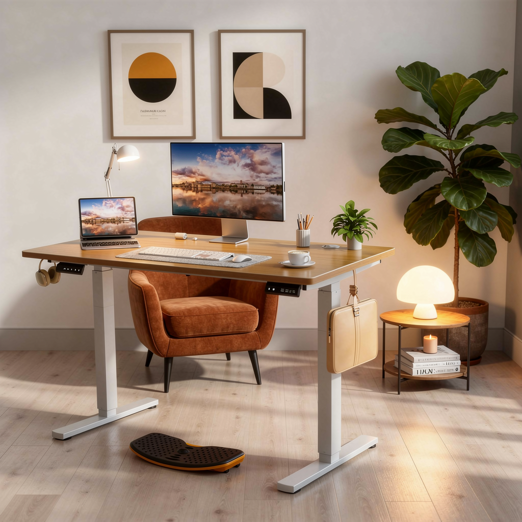 MCQ 55x24 Electric Height Adjustable Standing Desk with wooden top in a styled apartment