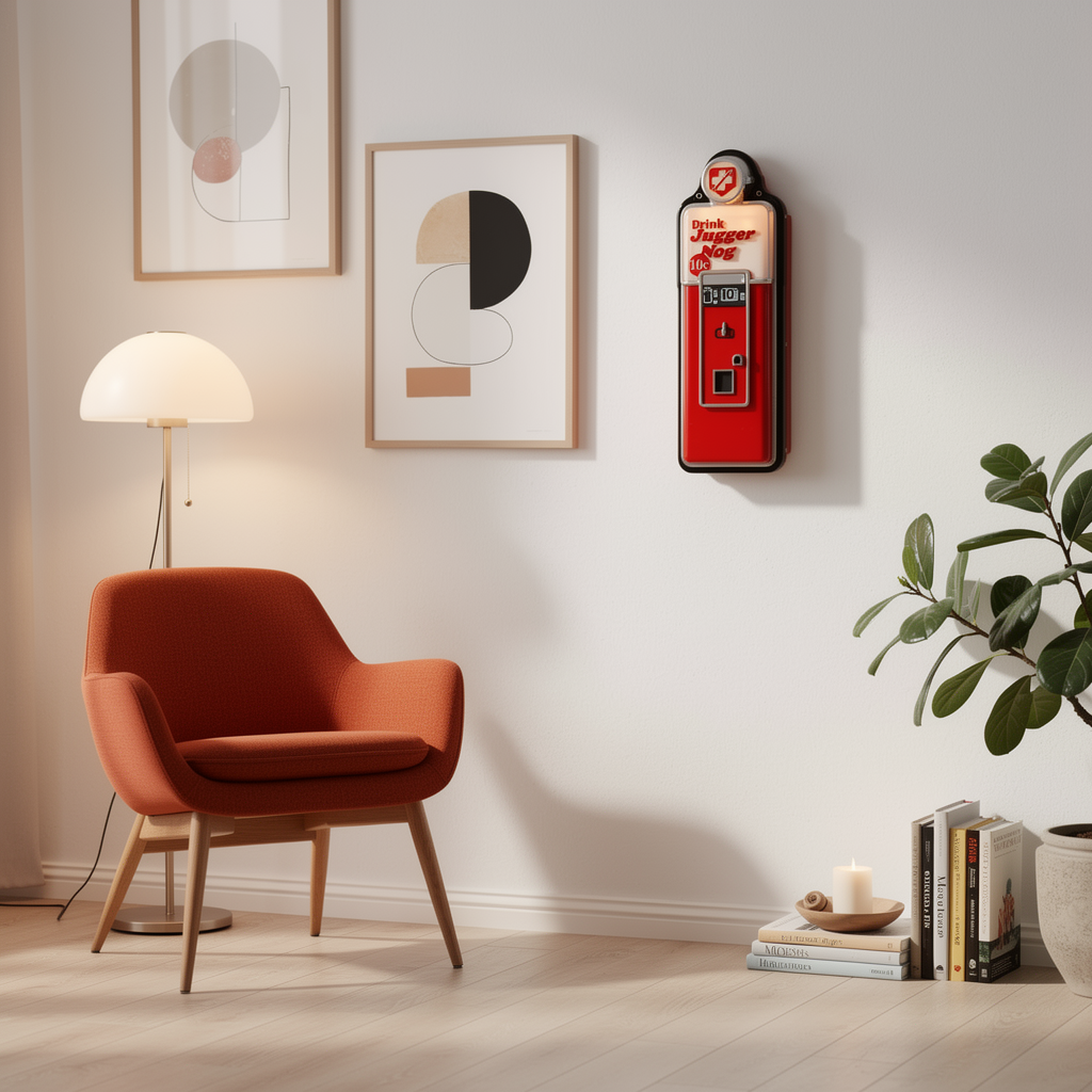 Retro Soda Machine Neon Sign Vintage Beverage Dispenser LED in a styled apartment